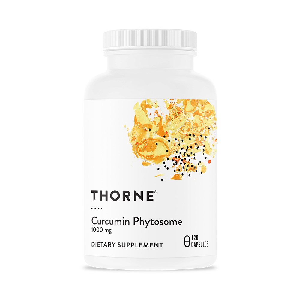 A bottle of Thorne Curcumin Phytosome 1000 mg dietary supplement with a yellow and orange label.