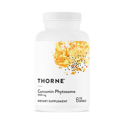 A bottle of Thorne Curcumin Phytosome 1000 mg dietary supplement with a yellow and orange label.