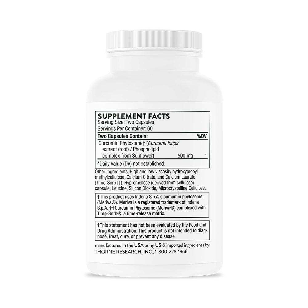 A picture of the supplement facts from the back of the Thorne Curcumin Phytosome label.