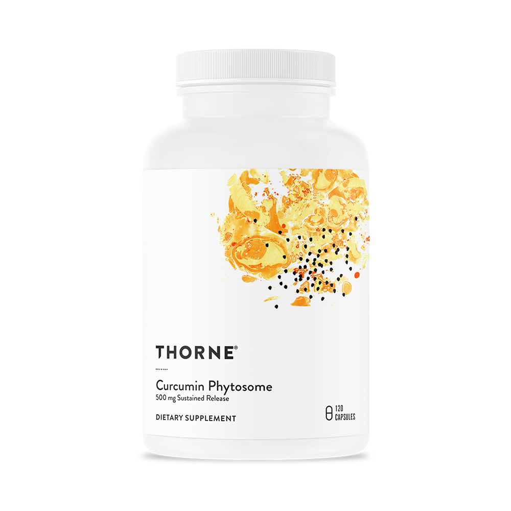 A bottle of Thorne Curcumin Phytosome dietary supplement with 500 mg of curcumin phytosome, featuring an image of yellow and orange herbs on the label.