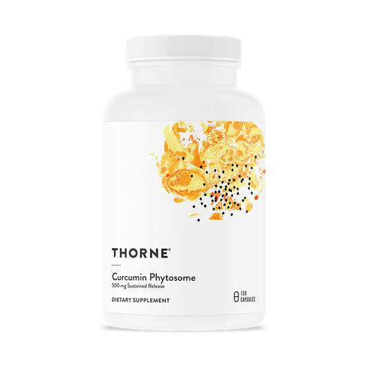 A bottle of Thorne Curcumin Phytosome dietary supplement with 500 mg of curcumin phytosome, featuring an image of yellow and orange herbs on the label.