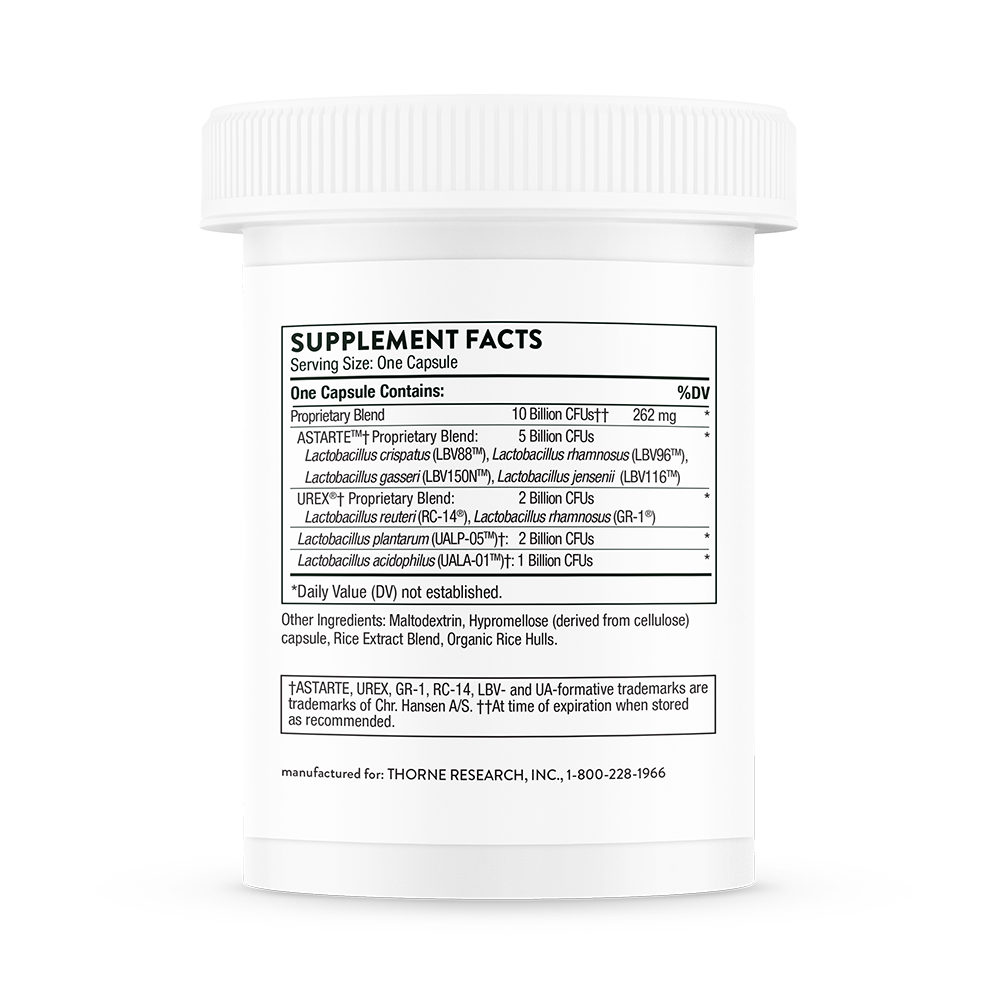 Supplement facts information for a container of Thorne Women's Daily Probiotic dietary supplement