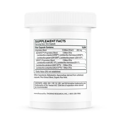 Supplement facts information for a container of Thorne Women's Daily Probiotic dietary supplement