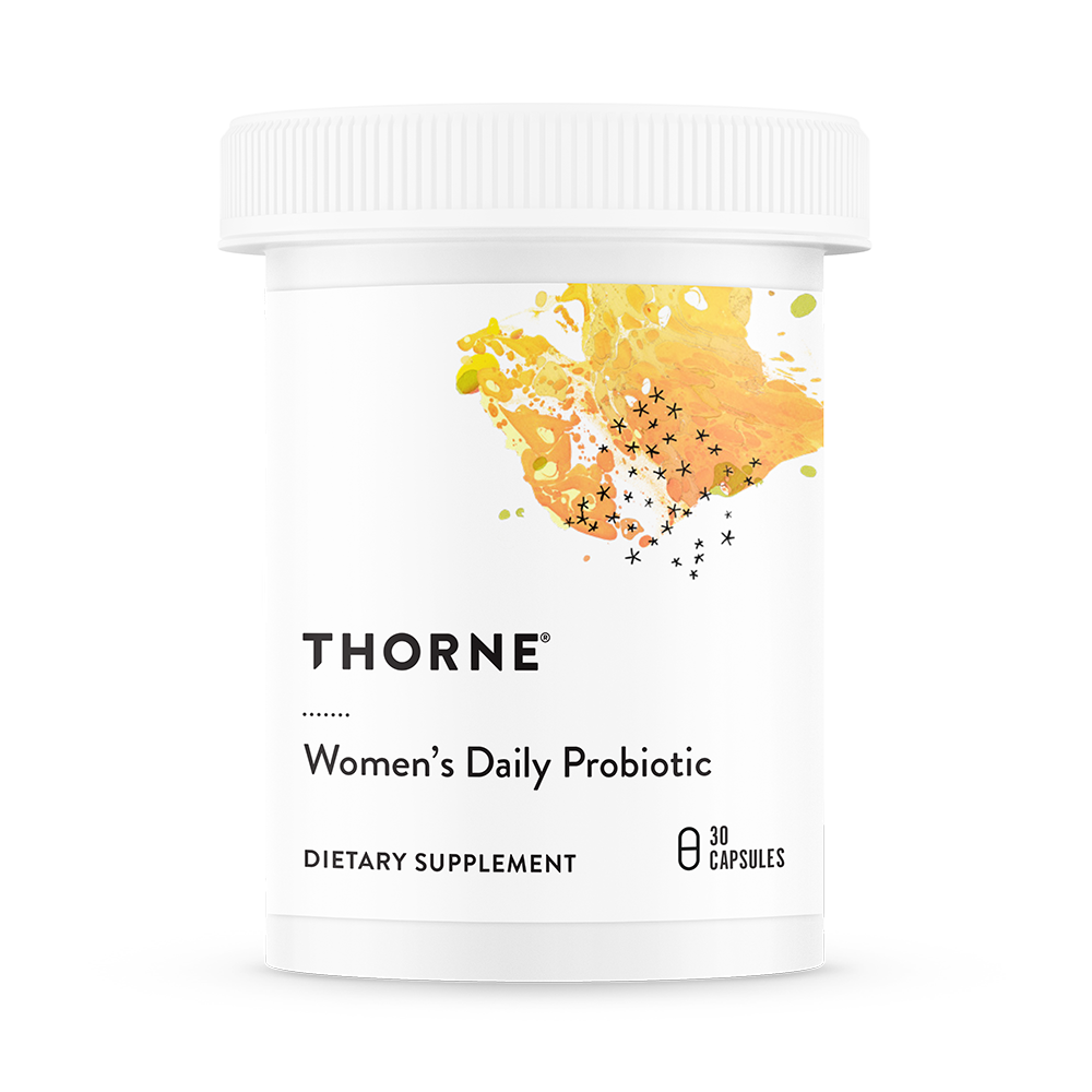 A container of Thorne Women's Daily Probiotic dietary supplement with a white label and yellow accents.