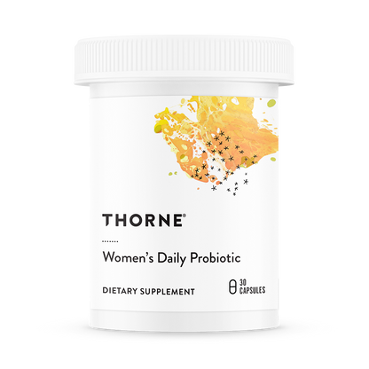 A container of Thorne Women's Daily Probiotic dietary supplement with a white label and yellow accents.