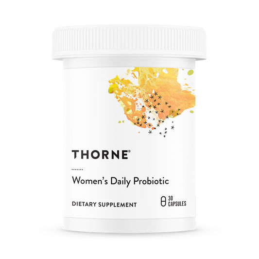 A container of Thorne Women's Daily Probiotic dietary supplement with a white label and yellow accents.