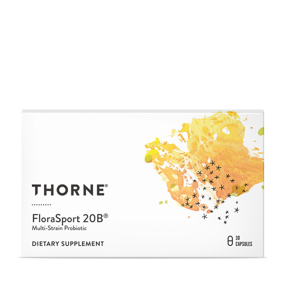 Packaging of Thorne FloraSport 20B, a dietary supplement with a yellow and white color scheme and floral graphics.