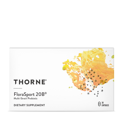 Packaging of Thorne FloraSport 20B, a dietary supplement with a yellow and white color scheme and floral graphics.