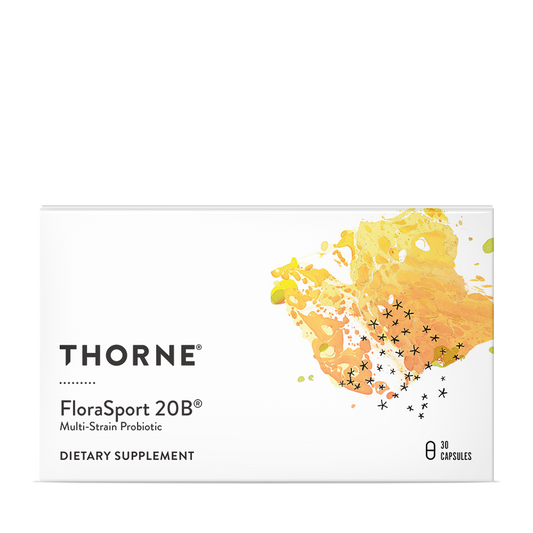 Packaging of Thorne FloraSport 20B, a dietary supplement with a yellow and white color scheme and floral graphics.