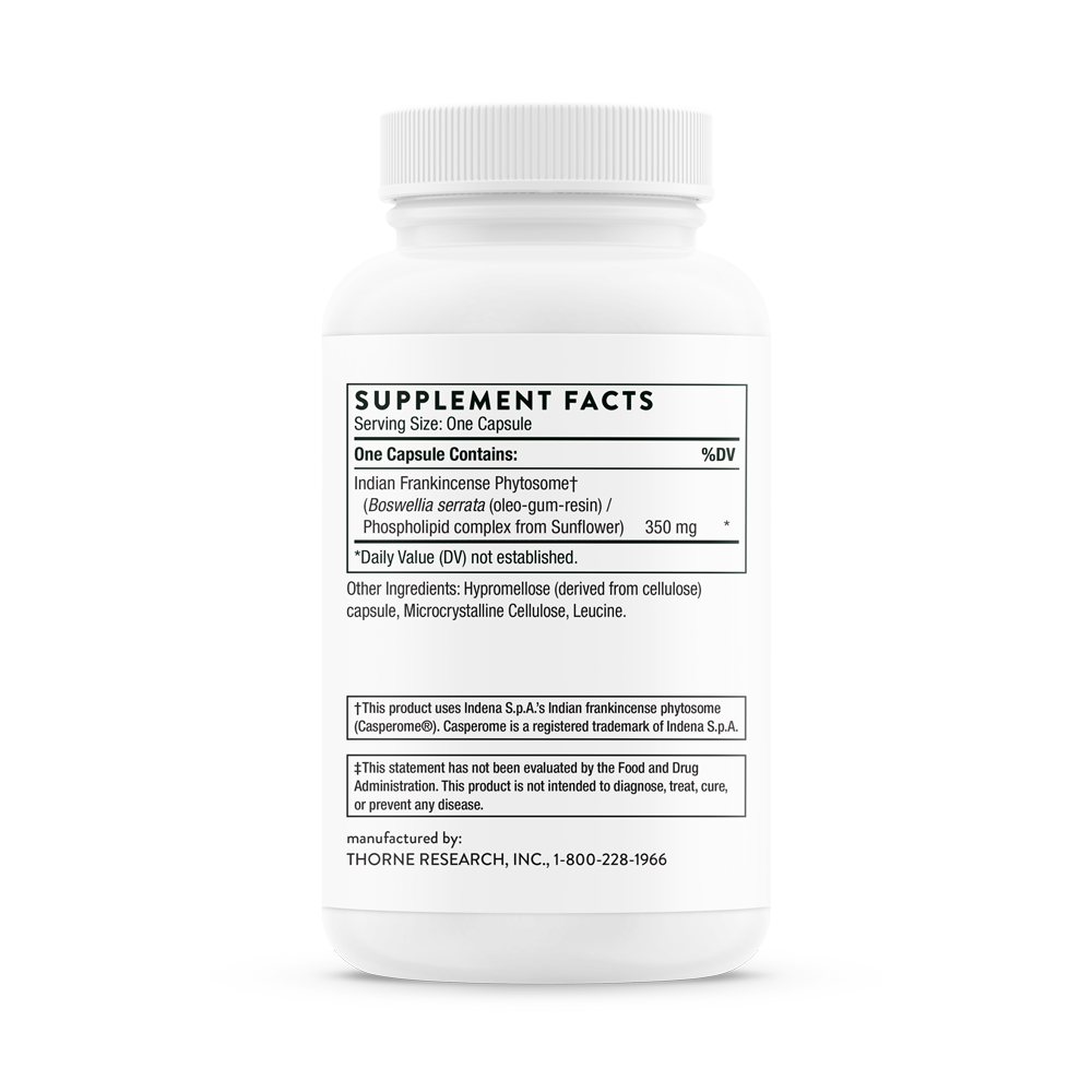 Supplement facts for a bottle of Thorne Boswellia Phytosome dietary supplement