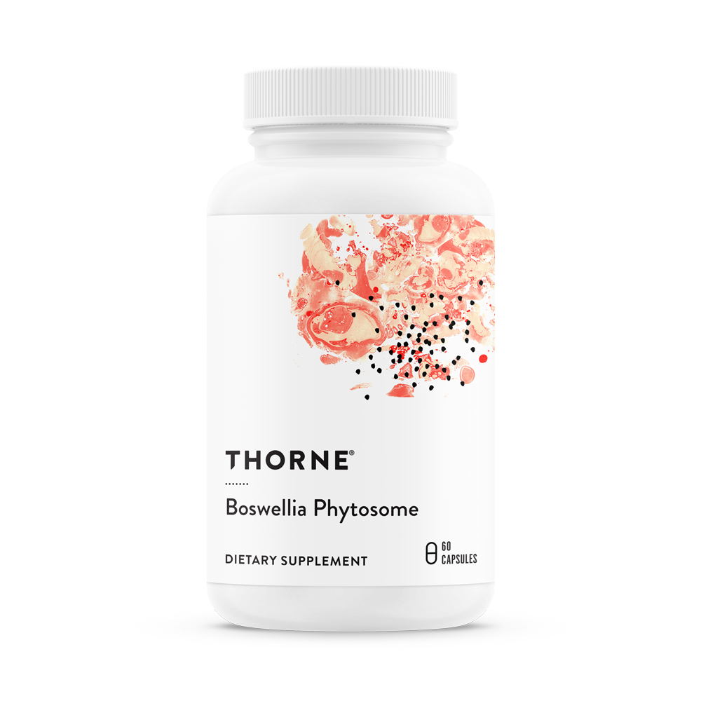 A bottle of Thorne Boswellia Phytosome dietary supplement with a white label and pink graphic design.