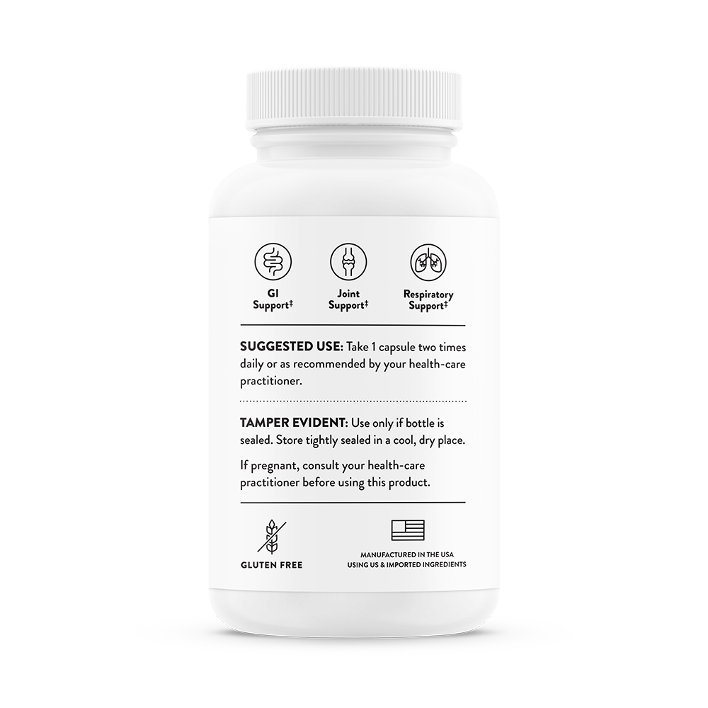 Suggested use for a bottle of  Thorne Boswellia Phytosome dietary supplement