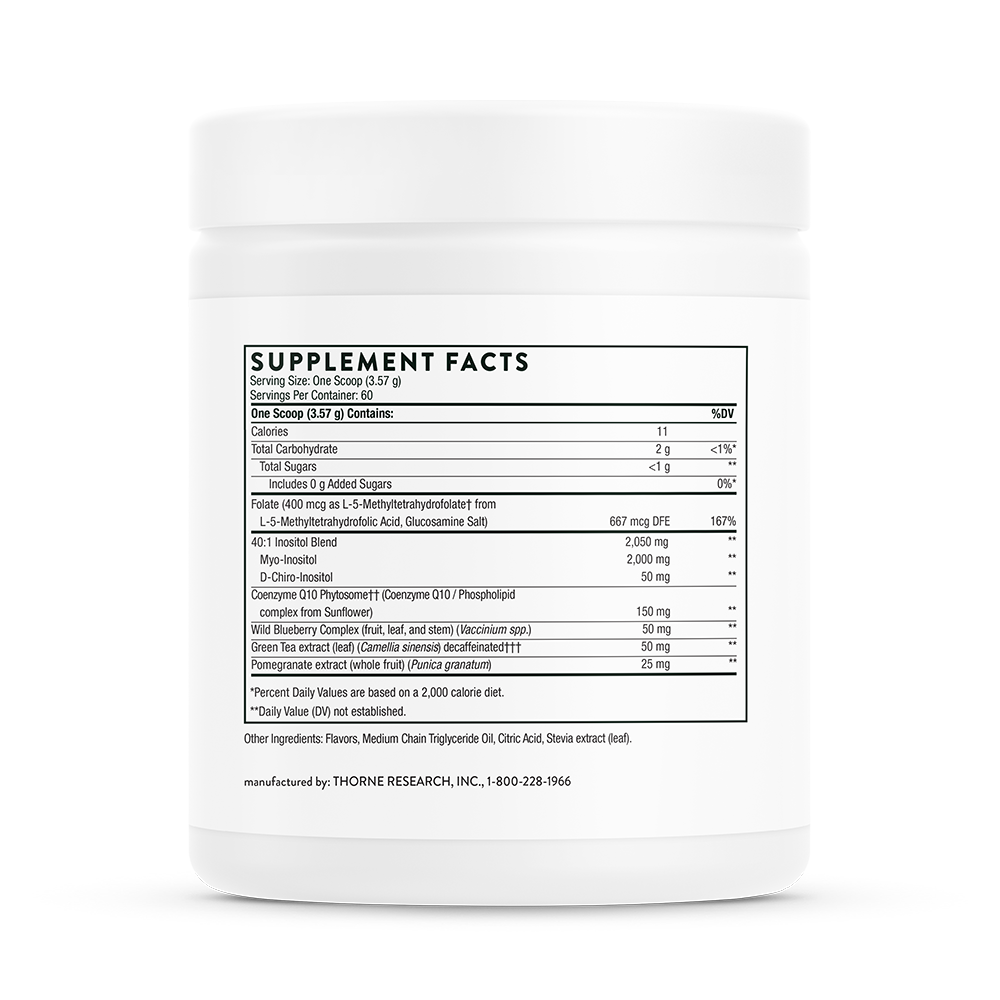 Supplement facts for a container of Thorne Ovarian Care dietary supplement