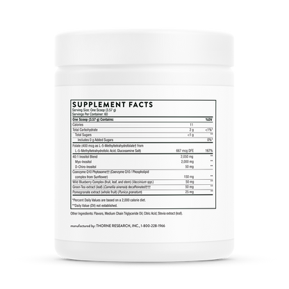 Supplement facts for a container of Thorne Ovarian Care dietary supplement