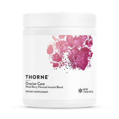A container of Thorne Ovarian Care dietary supplement with a mixed berry flavored inositol blend. The container is white with a pink and purple abstract design.