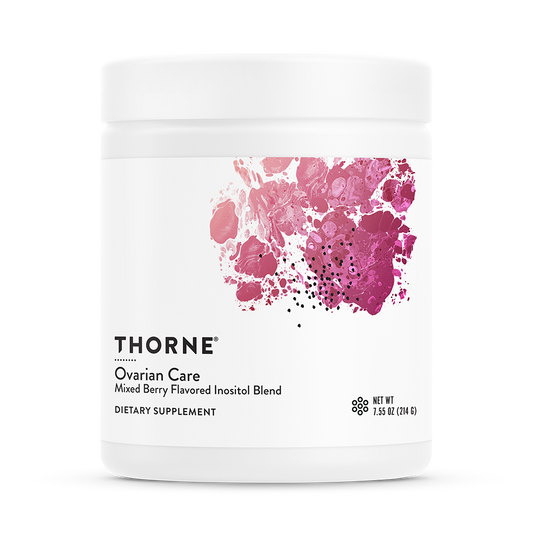 A container of Thorne Ovarian Care dietary supplement with a mixed berry flavored inositol blend. The container is white with a pink and purple abstract design.
