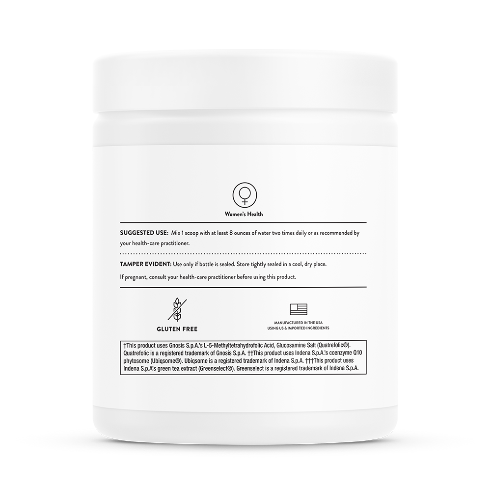 Suggested use for a container of Thorne Ovarian Care dietary supplement.  Product is gluten free. 