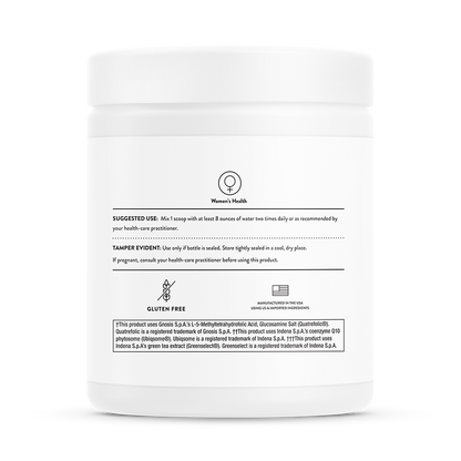 Suggested use for a container of Thorne Ovarian Care dietary supplement.  Product is gluten free. 