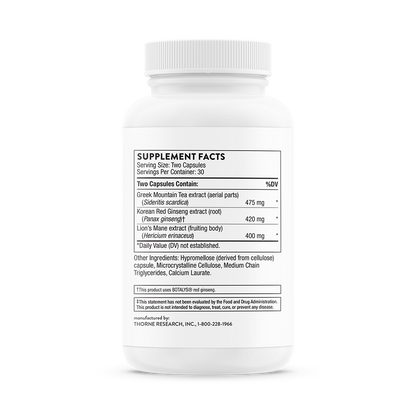 Supplement facts information for A bottle of Thorne Ginseng Plus dietary supplement