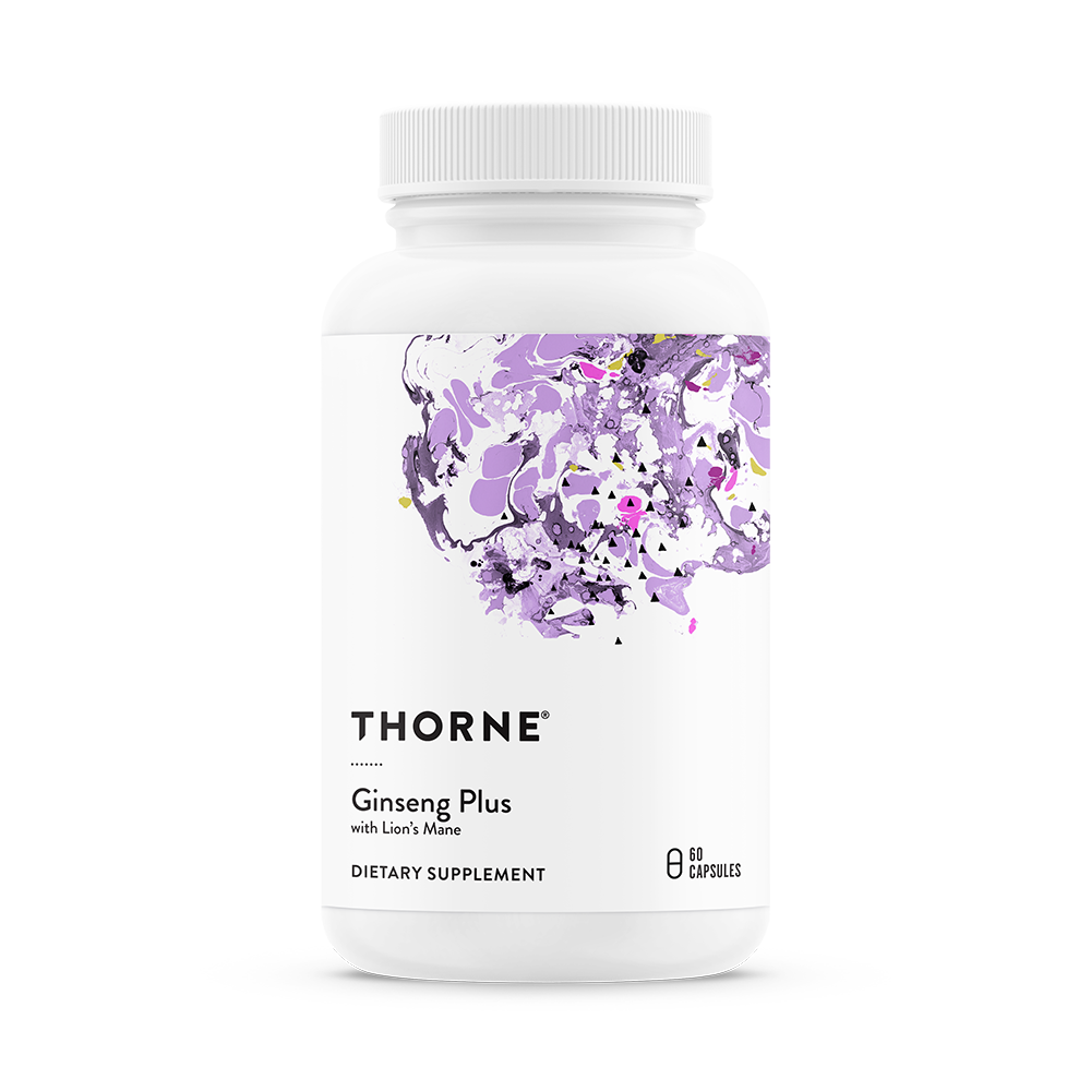 A bottle of Thorne Ginseng Plus dietary supplement with a purple and white design on the label.