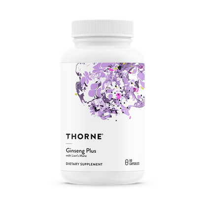 A bottle of Thorne Ginseng Plus dietary supplement with a purple and white design on the label.