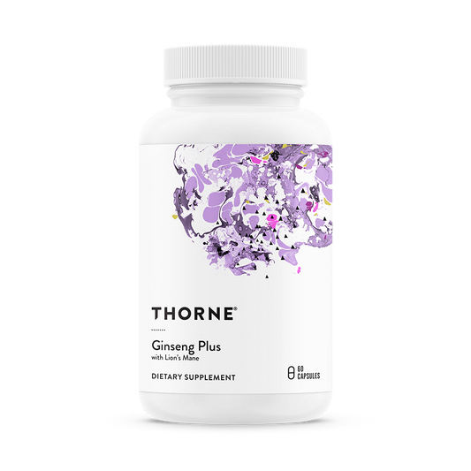 A bottle of Thorne Ginseng Plus dietary supplement with a purple and white design on the label.