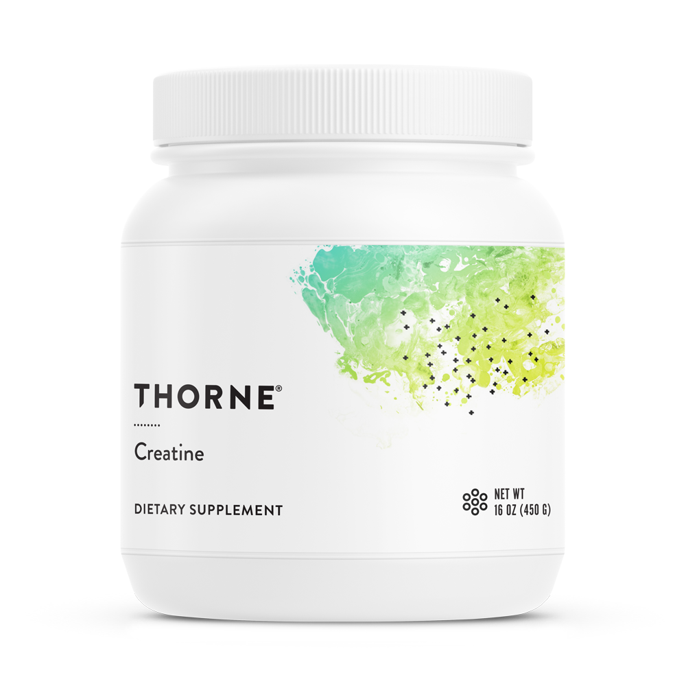 A container of Thorne Creatine Monohydrate Powder, which is a white dietary supplement jar with a green and white label.
