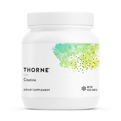 A container of Thorne Creatine Monohydrate Powder, which is a white dietary supplement jar with a green and white label.
