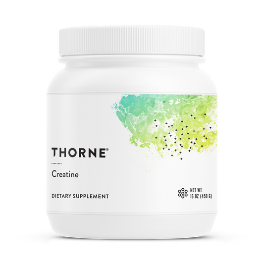 A container of Thorne Creatine Monohydrate Powder, which is a white dietary supplement jar with a green and white label.