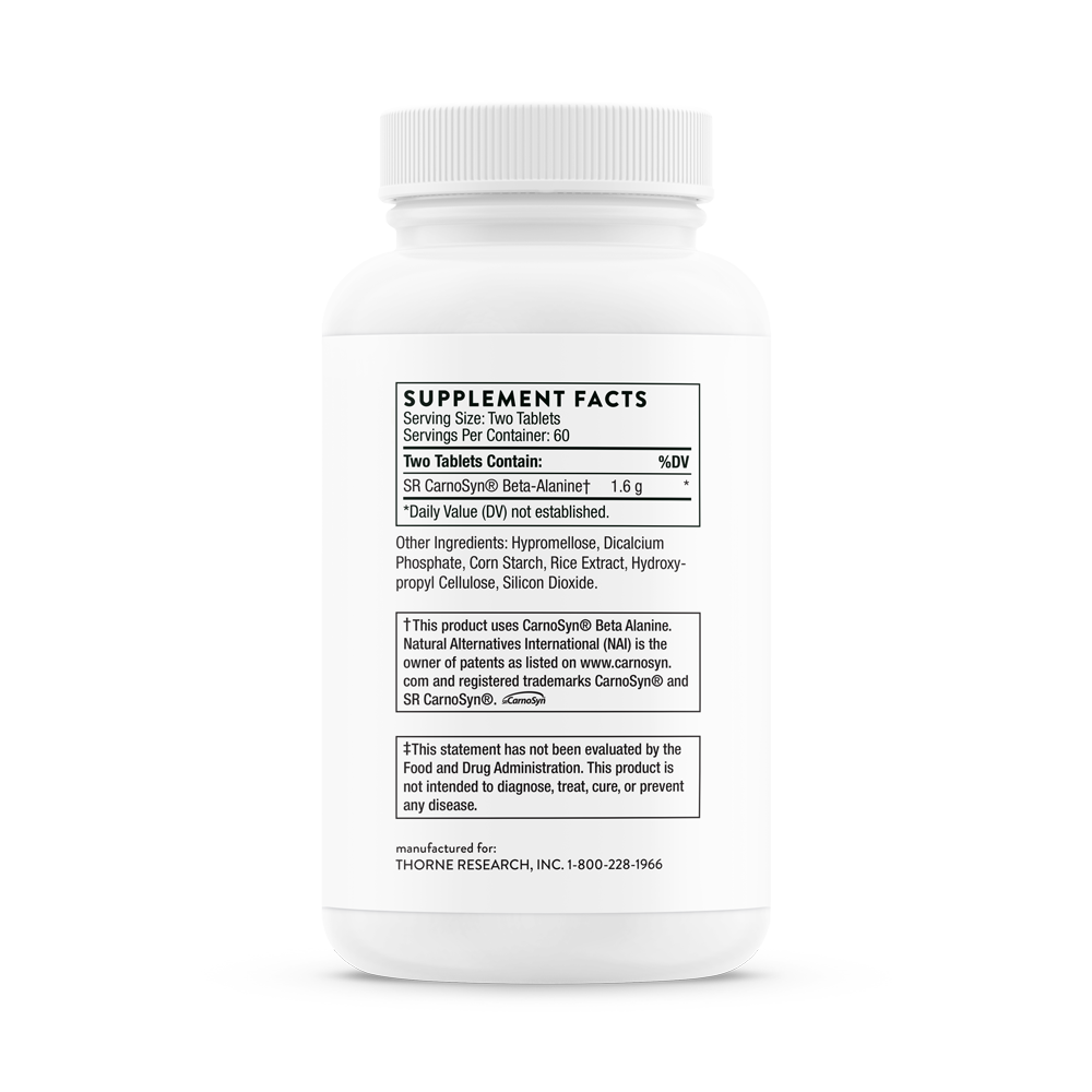 Supplement facts information for a bottle of Thorne Beta Alanine-SR dietary supplement 