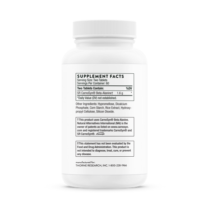 Supplement facts information for a bottle of Thorne Beta Alanine-SR dietary supplement 