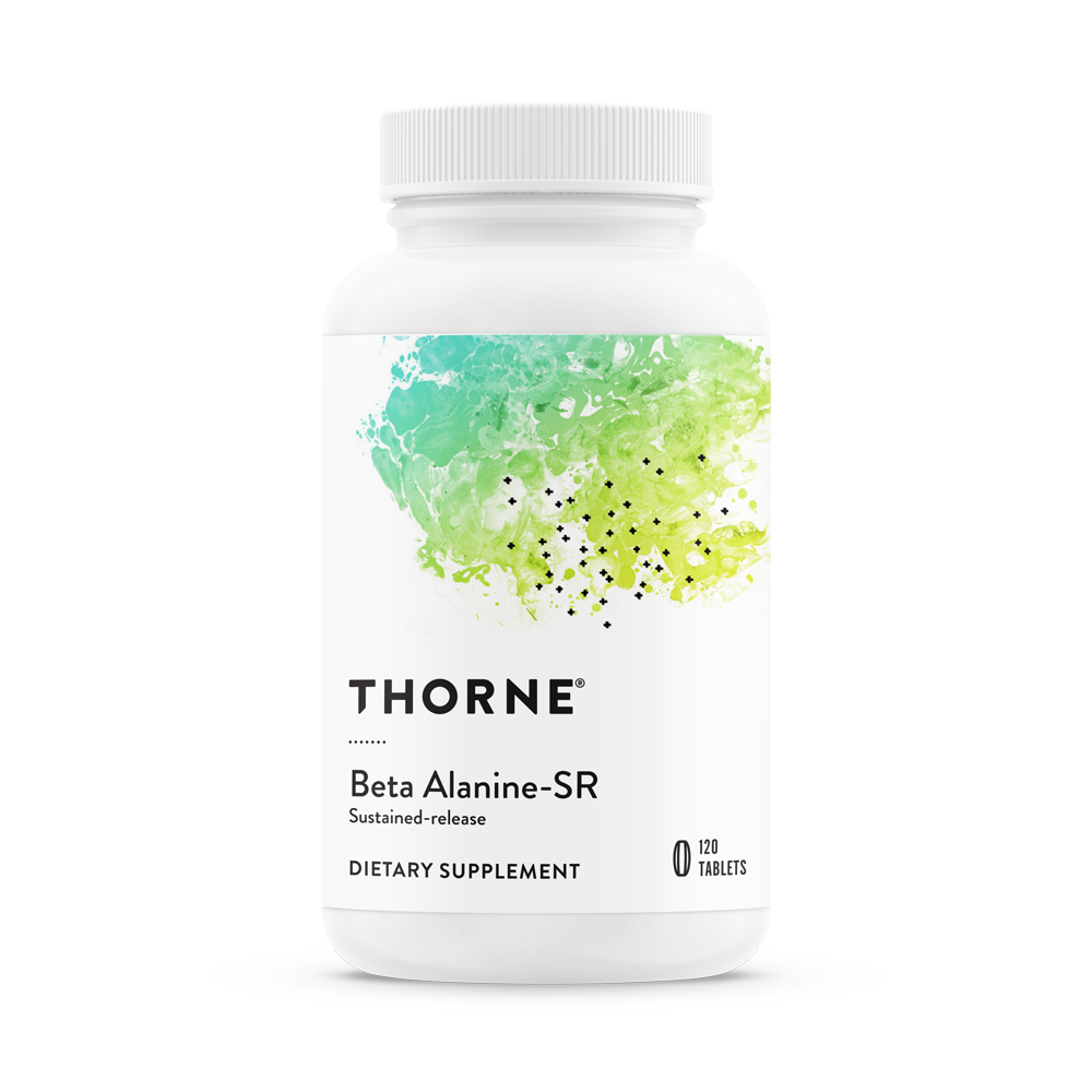 A bottle of Thorne Beta Alanine-SR dietary supplement with a white label and green abstract design.