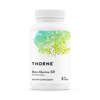 A bottle of Thorne Beta Alanine-SR dietary supplement with a white label and green abstract design.