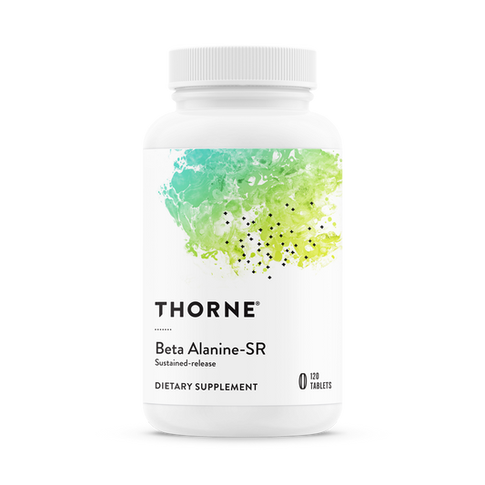 A bottle of Thorne Beta Alanine-SR dietary supplement with a white label and green abstract design.