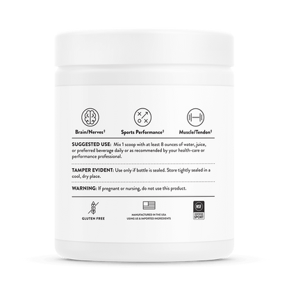 White supplement container with black text and icons on a white background