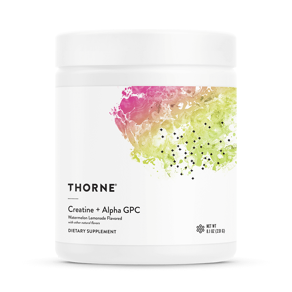 Thorne Creatine + Alpha GPC supplement container with colorful label on a white background