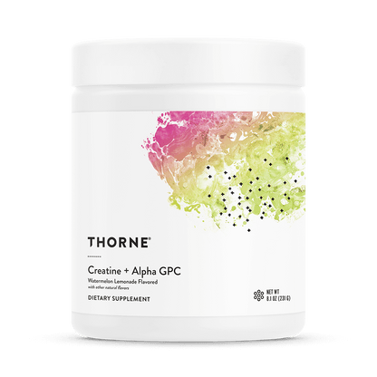 Thorne Creatine + Alpha GPC supplement container with colorful label on a white background