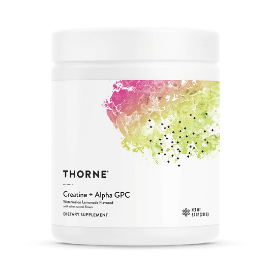 Thorne Creatine + Alpha GPC supplement container with colorful label on a white background