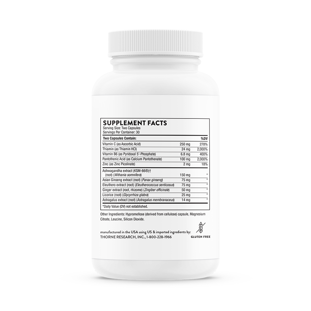 Supplement facts information for  a bottle of Thorne Stress Balance dietary supplement