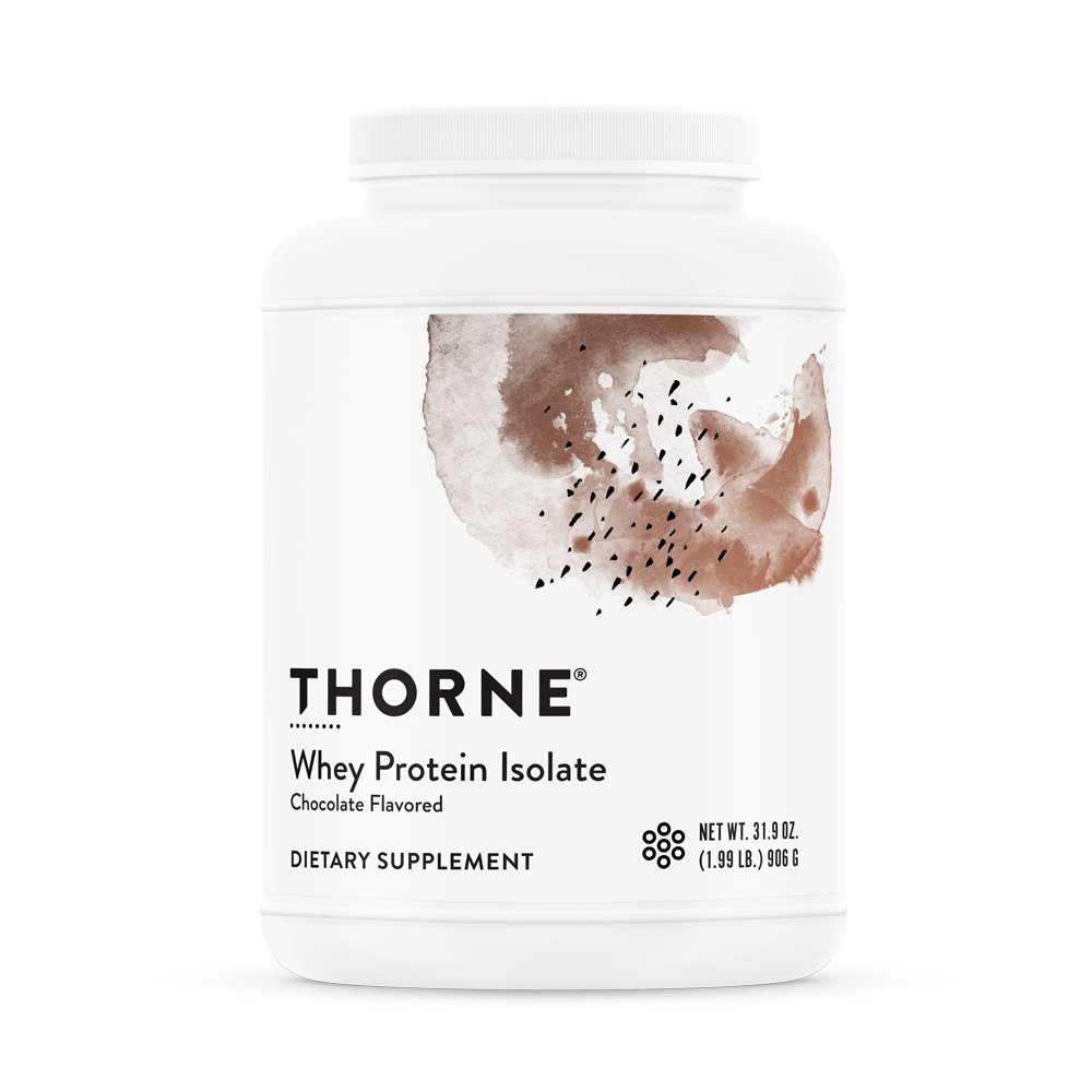 A white container of Thorne Whey Protein Isolate in chocolate flavor, with a label showing the product name and 'Dietary Supplement' text, against a plain background.
