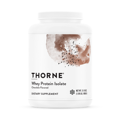 A white container of Thorne Whey Protein Isolate in chocolate flavor, with a label showing the product name and 'Dietary Supplement' text, against a plain background.