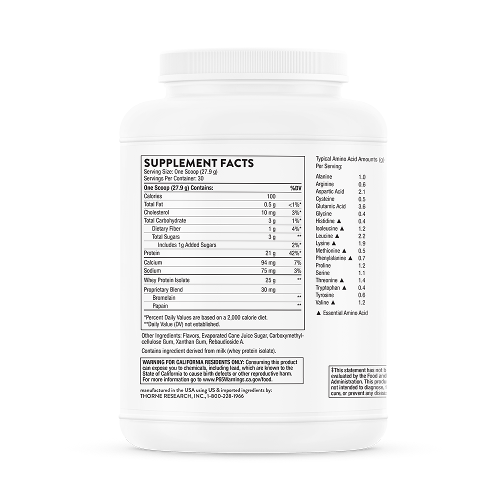 A container of Thorne Whey Protein Isolate in vanilla flavor, displaying supplement facts and product information on the label.