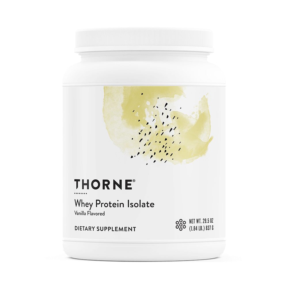 Thorne Whey Protein Isolate container with vanilla flavor on a white background