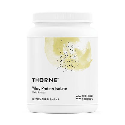 Thorne Whey Protein Isolate container with vanilla flavor on a white background