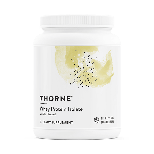 Thorne Whey Protein Isolate container with vanilla flavor on a white background