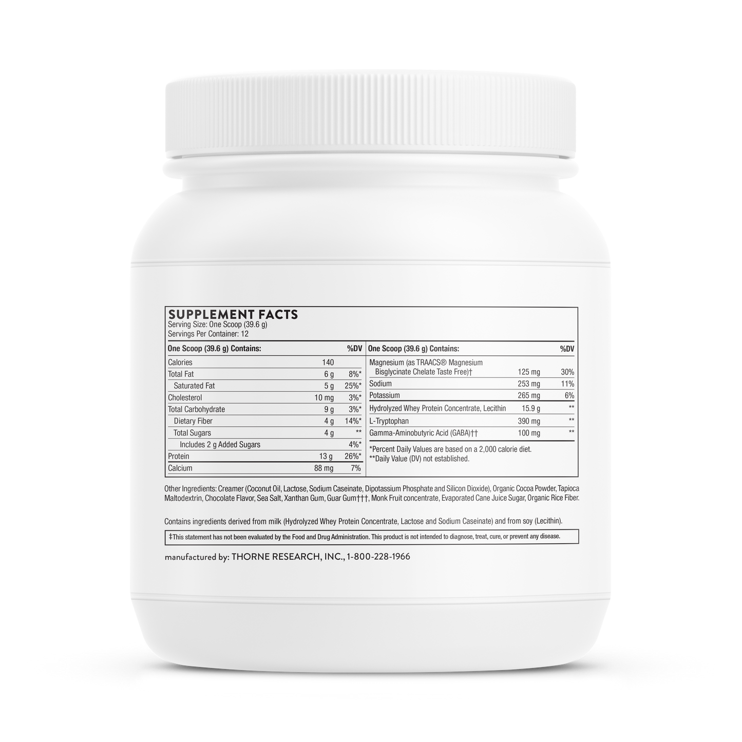 Supplement facts information for a container of Thorne RecoveryPro dietary supplement powder. 