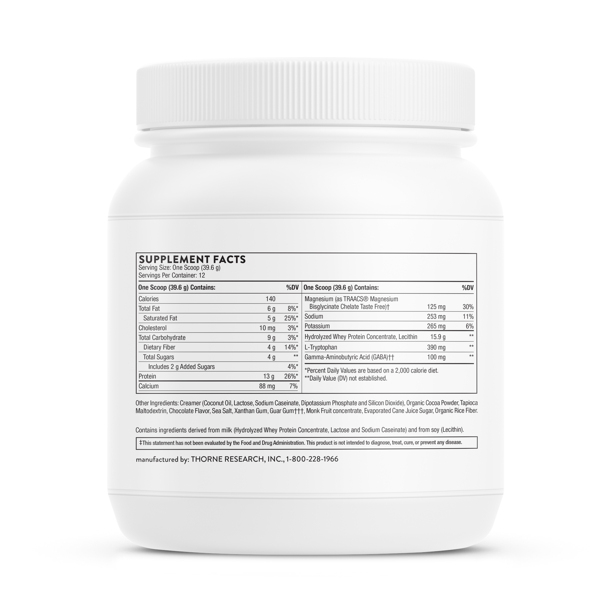 Supplement facts information for a container of Thorne RecoveryPro dietary supplement powder. 