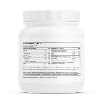 Supplement facts information for a container of Thorne RecoveryPro dietary supplement powder. 