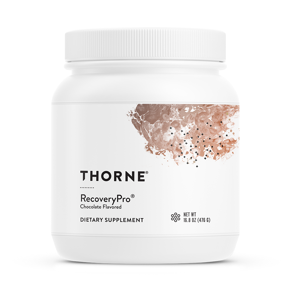 A container of Thorne RecoveryPro dietary supplement powder in chocolate flavor.