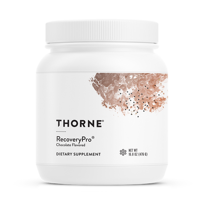A container of Thorne RecoveryPro dietary supplement powder in chocolate flavor.